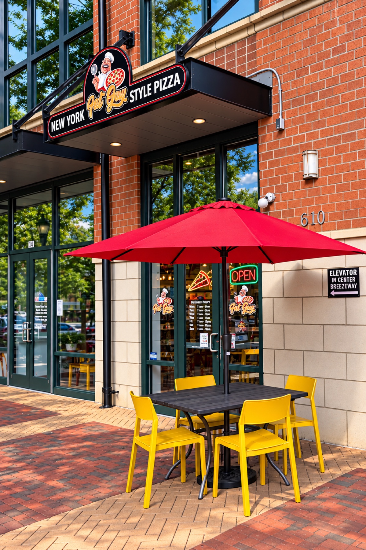 Fat Guy New York Style Pizza storefront and patio at 610 Jetton Street in Davidson
