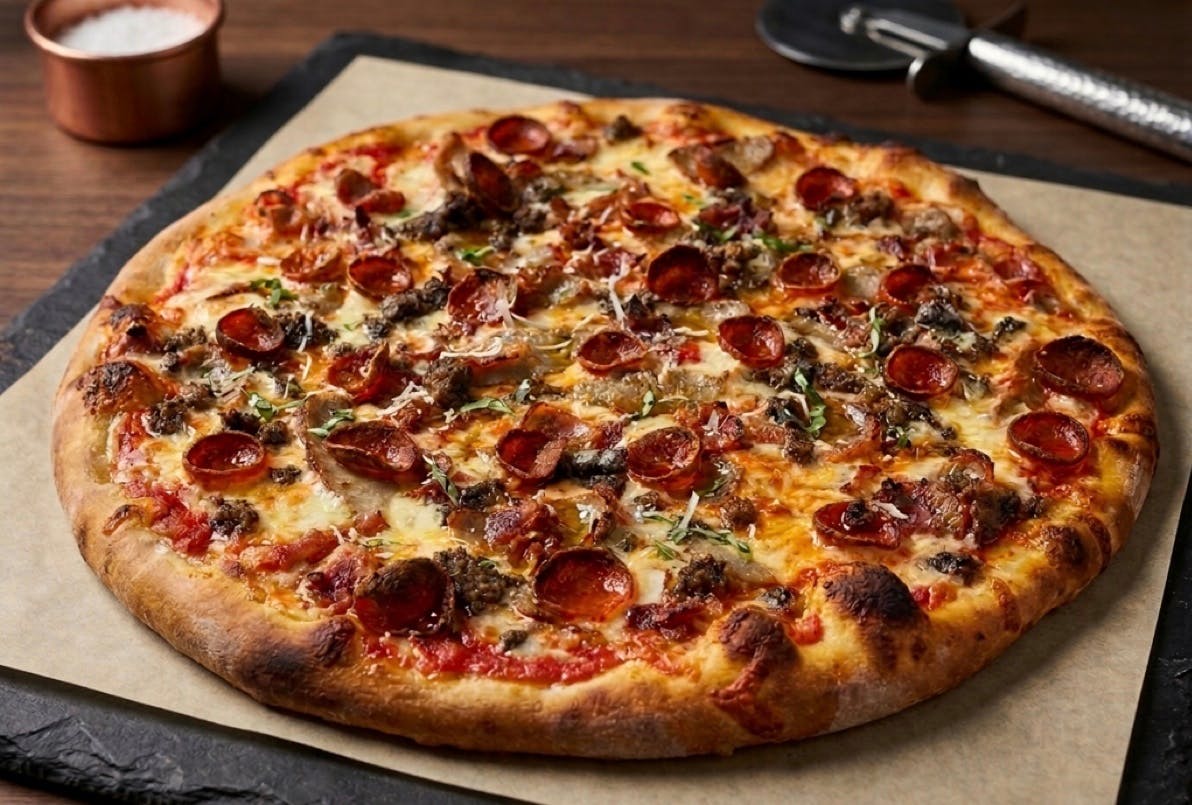 Pepperoni and sausage pizza from Fat Guy New York Style Pizza